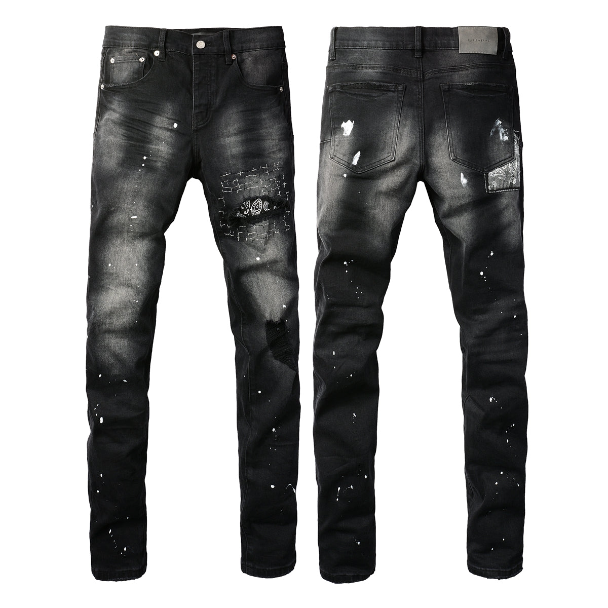 PURPLE  Men Streetwear Jeans Distressed Black Paint Splash Patch Ripped skinny 9099