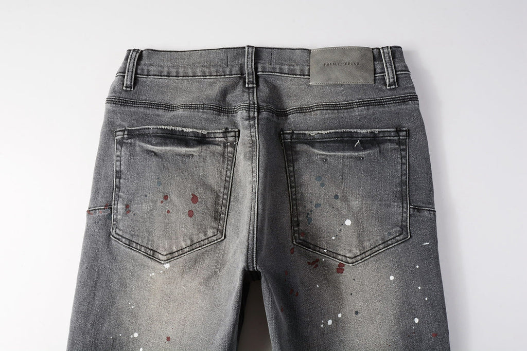 PURPLE  Men Streetwear Distressed Grey Skinny Jeanswith Color Paint Splatter and Knee Rips 9107