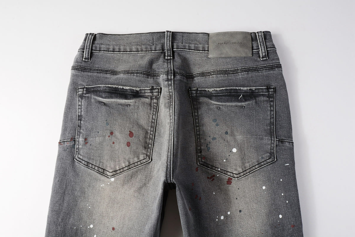 PURPLE  Men Streetwear Distressed Grey Skinny Jeanswith Color Paint Splatter and Knee Rips 9107
