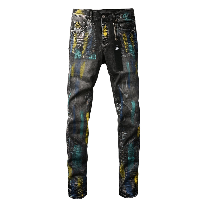 PURPLE  Men Streetwear Skinny Jeans Black Wash with Colorful Graffiti Paint Splash 9078