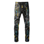 PURPLE  Men Streetwear Skinny Jeans Black Wash with Colorful Graffiti Paint Splash 9078