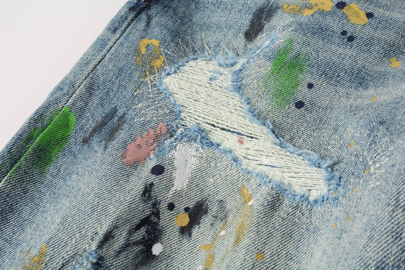 PURPLE  Men Streetwear Skinny Jeans Light Blue Wash with Multi-Color Paint Splatter and Distressed Rips 9072
