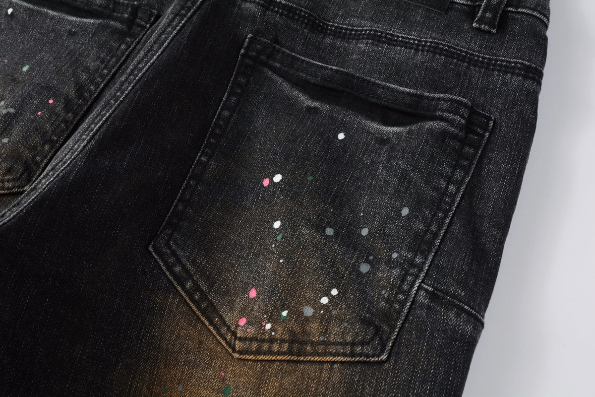 PURPLE  Men’s Black Skinny Jeans with Rust-Toned Wash and Multicolor Paint Splatter Artistic Distressed Street 9109