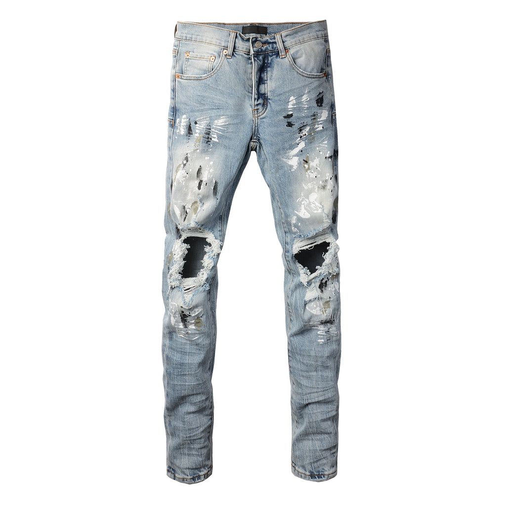 PURPLE  Men Streetwear Jeans Light Blue Paint Splash Distressed Ripped skinny 9100
