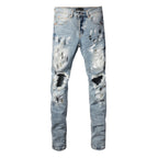 PURPLE  Men Streetwear Jeans Light Blue Paint Splash Distressed Ripped skinny 9100