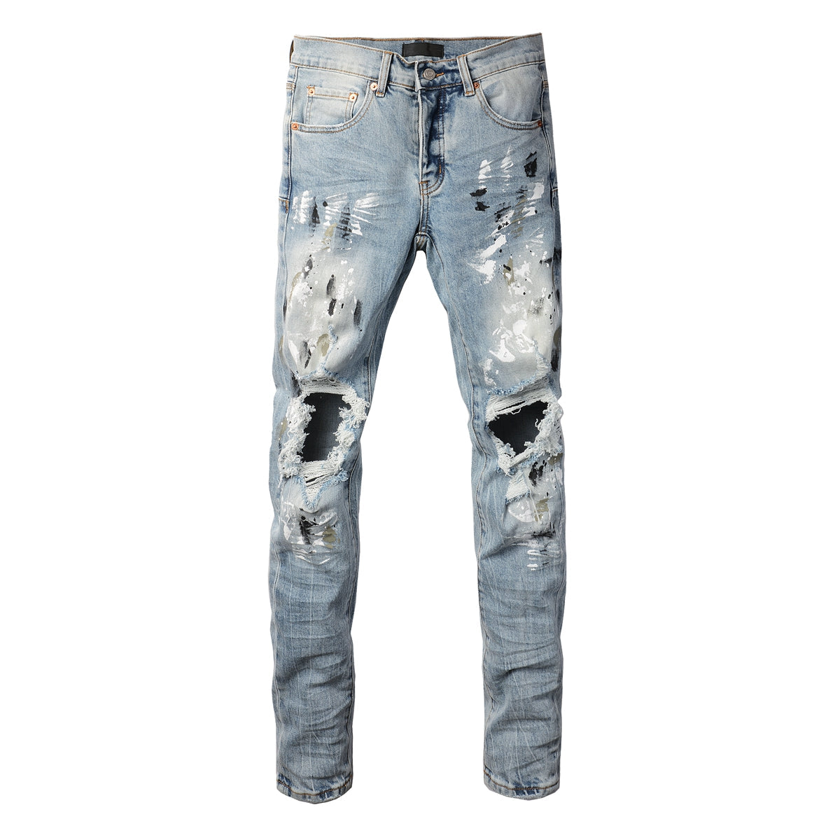 PURPLE  Men Streetwear Jeans Light Blue Paint Splash Distressed Ripped skinny 9100