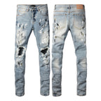 PURPLE  Men Streetwear Jeans Light Blue Paint Splash Distressed Ripped skinny 9100