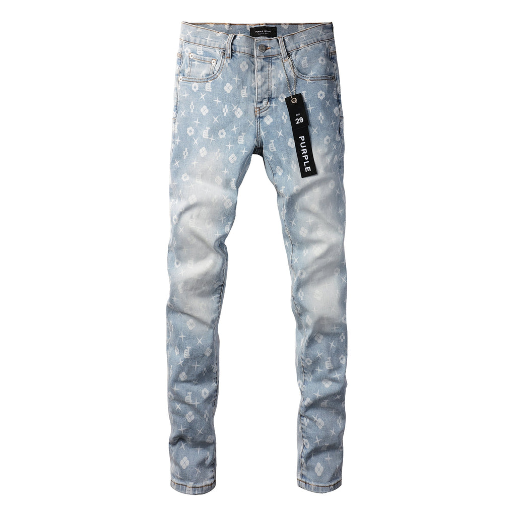 PURPLE  Men Streetwear Skinny Jeans Light Blue Wash with All - Over Pattern Print 9089