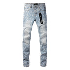 PURPLE  Men Streetwear Skinny Jeans Light Blue Wash with All - Over Pattern Print 9089