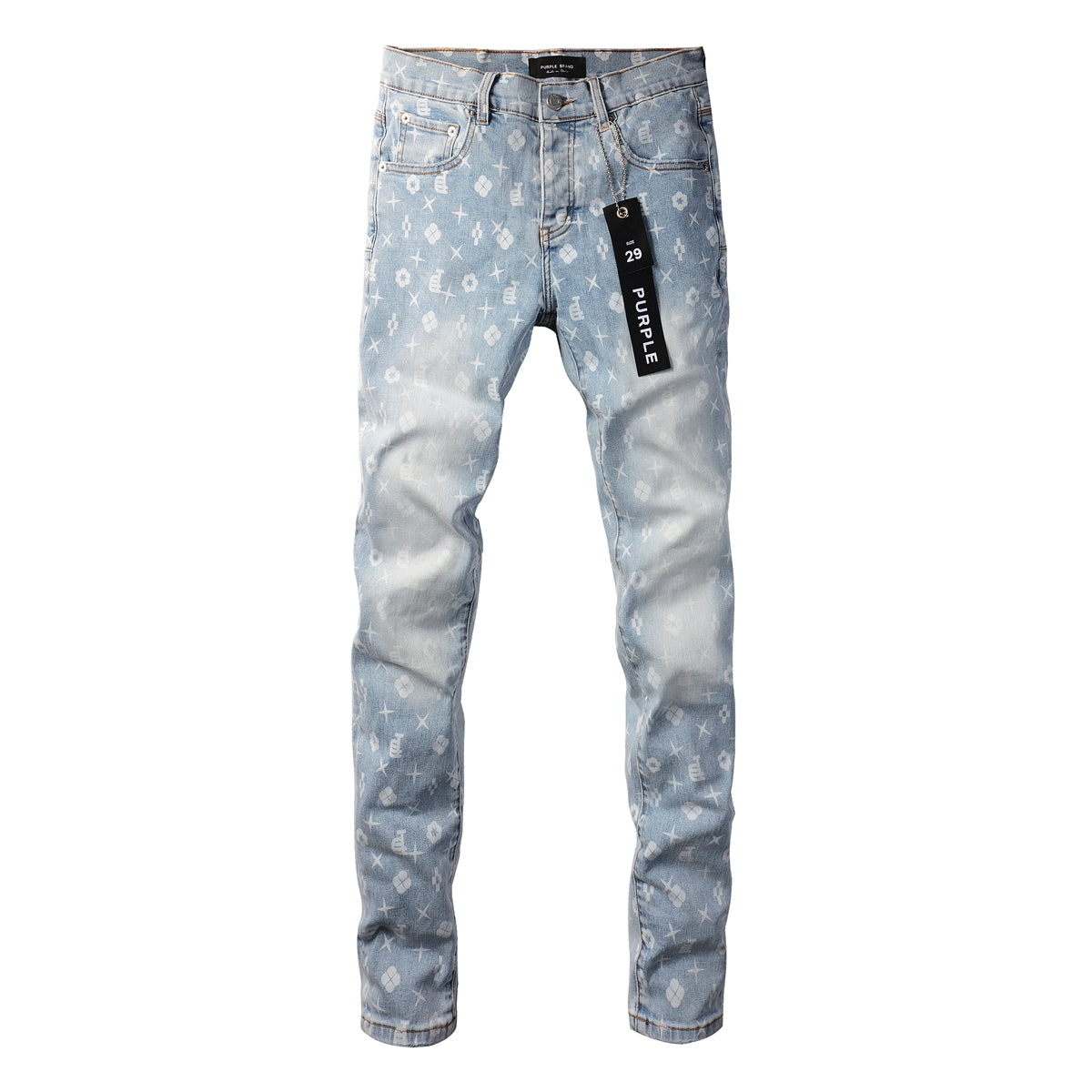 PURPLE  Men Streetwear Skinny Jeans Light Blue Wash with All - Over Pattern Print 9089