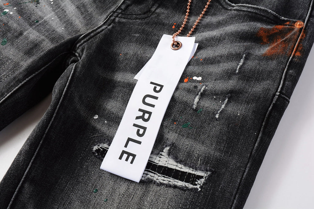 PURPLE  Men Streetwear Skinny Jeans Dark Gray Wash with Distressed Rips and Multi-Color Paint Splatter 9018