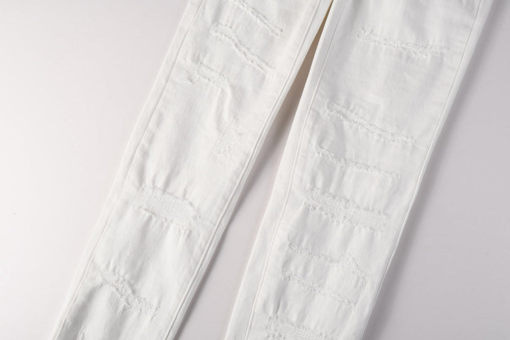 PURPLE  Men Classic Streetwear Skinny Jeans Solid White with Subtle Distressed Details PU9118