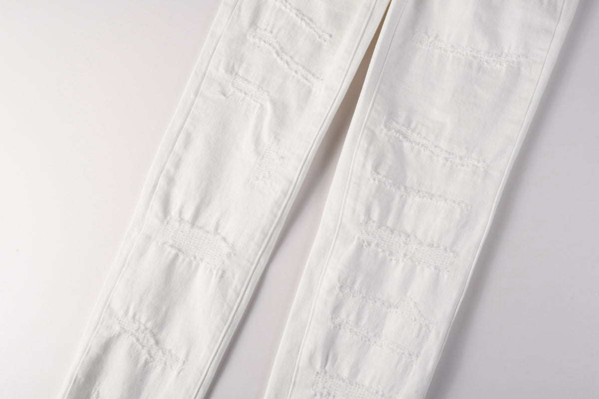 PURPLE  Men Classic Streetwear Skinny Jeans Solid White with Subtle Distressed Details PU9118