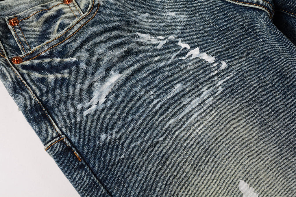 PURPLE  Men Streetwear Skinny Jeans Light Blue Wash with White Paint Brush Strokes 9060