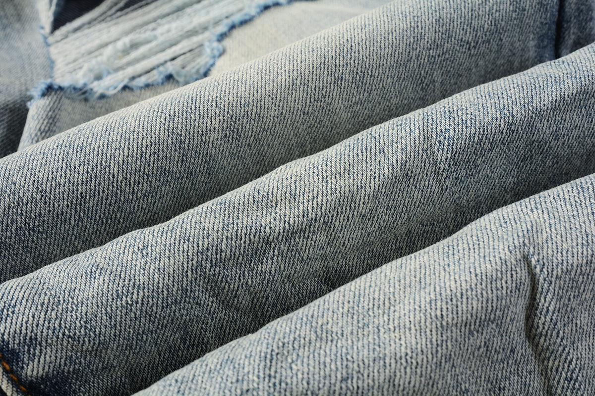 PURPLE   Men Streetwear Skinny Jeans Light Blue Wash with Subtle White Pattern Wash 9013