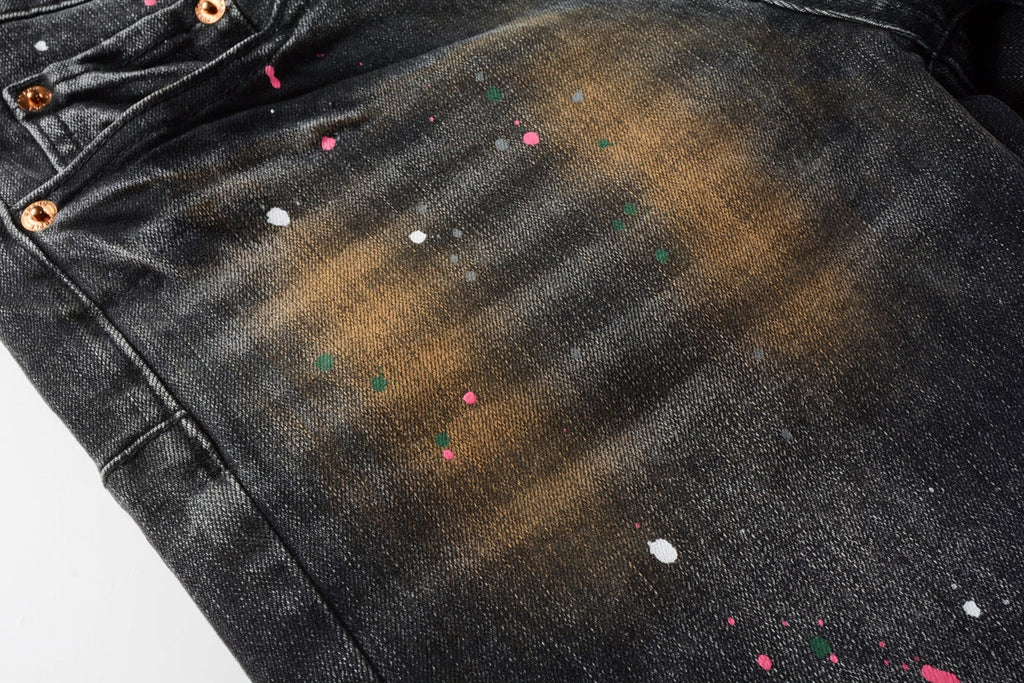 PURPLE  Men’s Black Skinny Jeans with Rust-Toned Wash and Multicolor Paint Splatter Artistic Distressed Street 9109