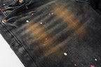 PURPLE  Men’s Black Skinny Jeans with Rust-Toned Wash and Multicolor Paint Splatter Artistic Distressed Street 9109