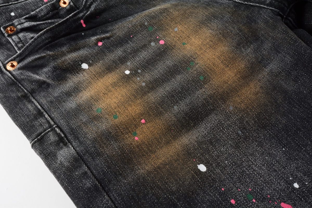 PURPLE  Men’s Black Skinny Jeans with Rust-Toned Wash and Multicolor Paint Splatter Artistic Distressed Street 9109
