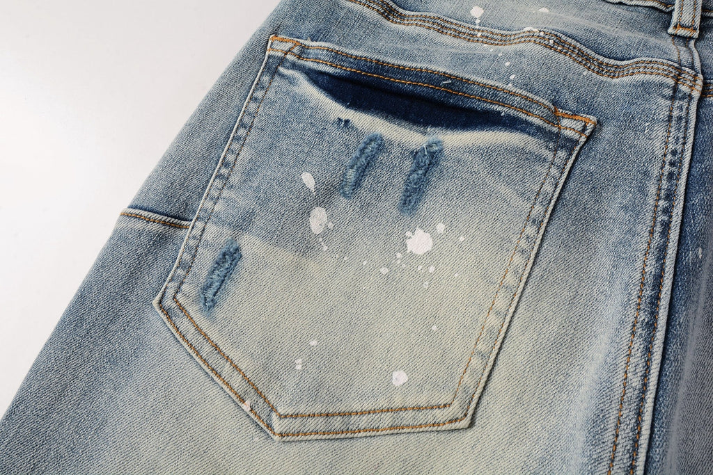 PURPLE   Men Streetwear Skinny Jeans Light Blue Wash with Heavy Distressed Rips and White Paint Splatter 9003