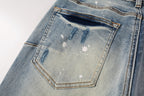 PURPLE   Men Streetwear Skinny Jeans Light Blue Wash with Heavy Distressed Rips and White Paint Splatter 9003