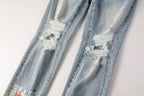 PURPLE  Men Streetwear Jeans Light Blue Ripped Graffiti Print Distressed skinny 9101