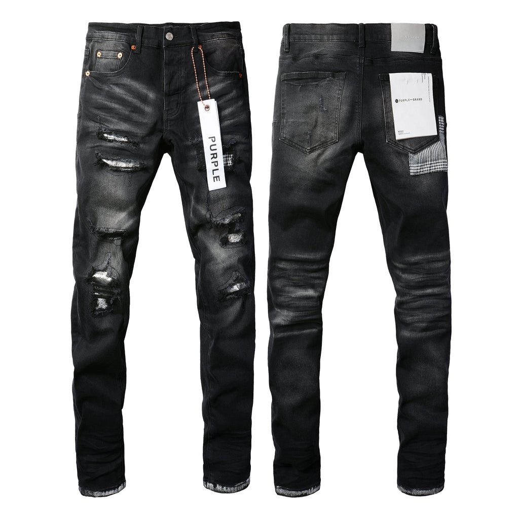 PURPLE  Men Streetwear Skinny Jeans Black Wash with Distressed Rips, Checkered Patches and White Paint Splatter 9001