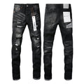 PURPLE  Men Streetwear Skinny Jeans Black Wash with Distressed Rips, Checkered Patches and White Paint Splatter 9001
