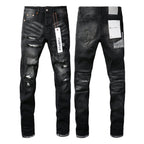 PURPLE  Men Streetwear Skinny Jeans Black Wash with Distressed Rips, Checkered Patches and White Paint Splatter 9001