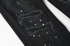 PURPLE  Men Streetwear Skinny Jeans Black Wash with Distressed Details and Multi - Color Paint Splash 9121