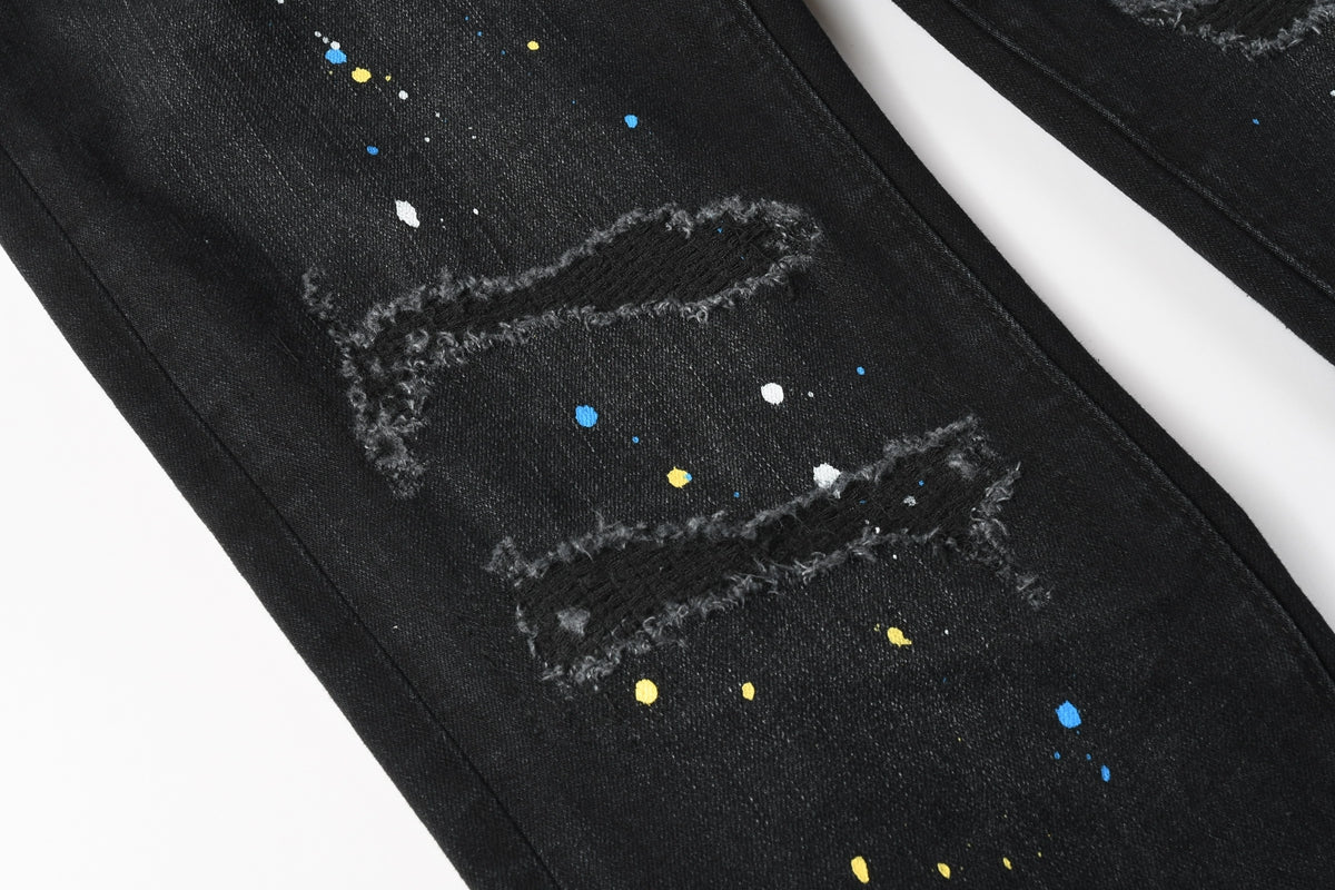 PURPLE  Men Streetwear Skinny Jeans Black Wash with Distressed Details and Multi - Color Paint Splash 9121