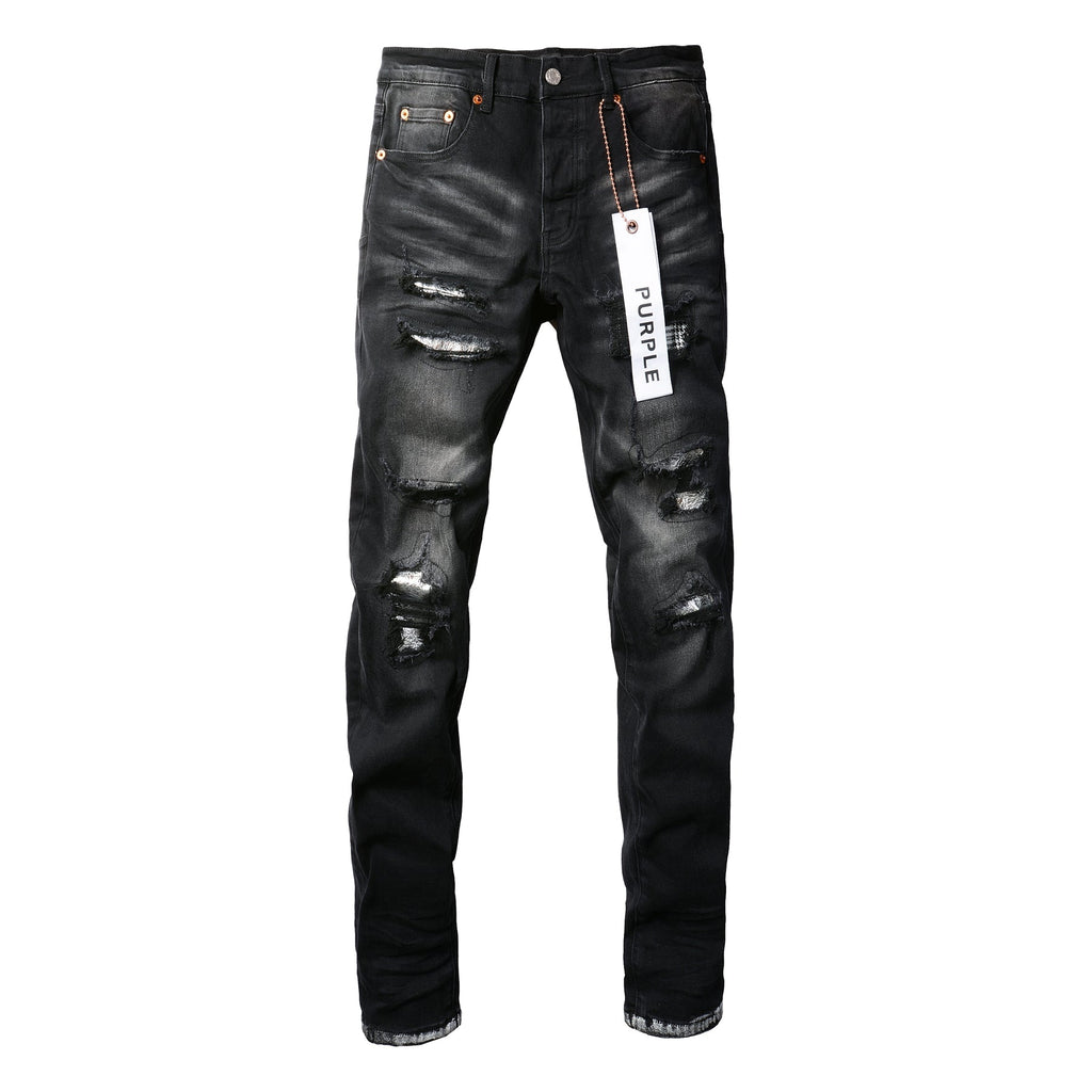 PURPLE  Men Streetwear Skinny Jeans Black Wash with Distressed Rips, Checkered Patches and White Paint Splatter 9001