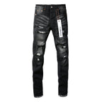 PURPLE  Men Streetwear Skinny Jeans Black Wash with Distressed Rips, Checkered Patches and White Paint Splatter 9001