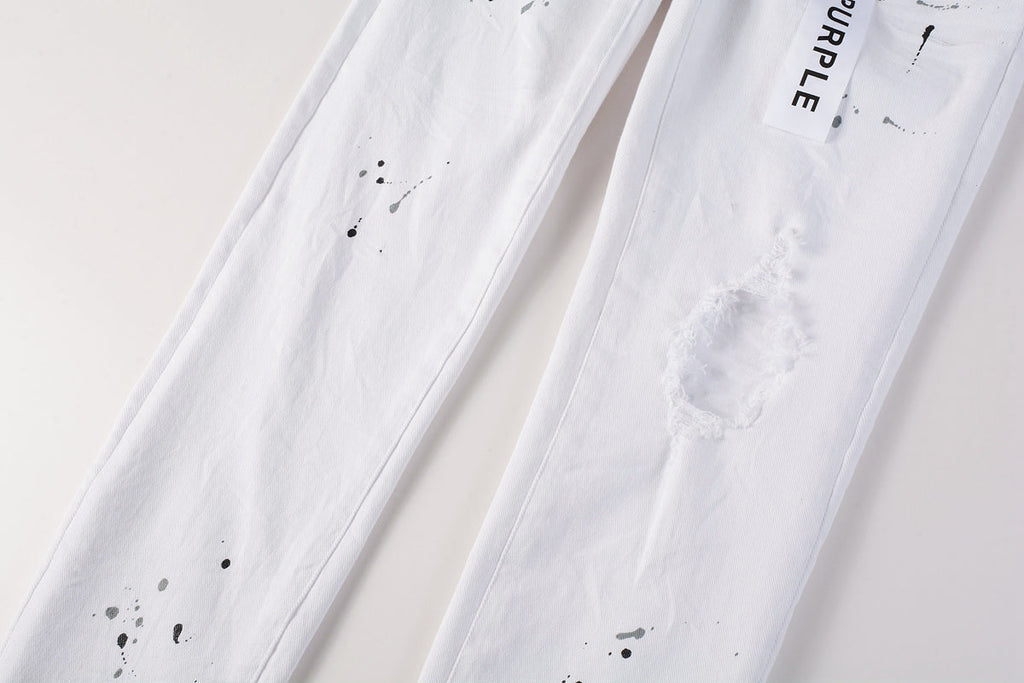 PURPLE   Men Streetwear Skinny Jeans White Wash with Black Paint Splatter and Distressed Rip 9021