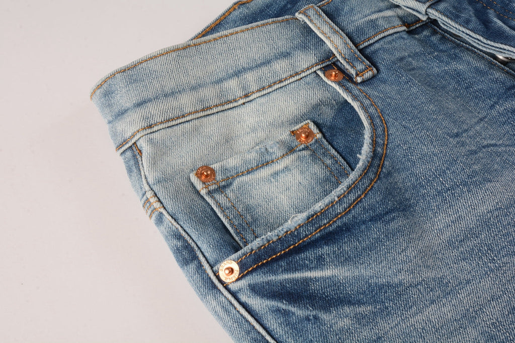 PURPLE  Men Streetwear Skinny Jeans Light Blue Wash with Faded Gradient Finish 9016