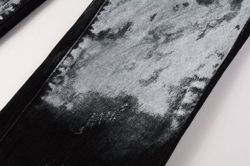 PURPLE  Men Streetwear Skinny Jeans Black and White Graffiti Wash with Multi - Color Paint Accents 9020