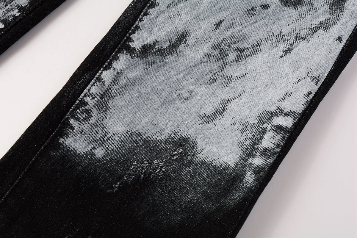 PURPLE  Men Streetwear Skinny Jeans Black and White Graffiti Wash with Multi - Color Paint Accents 9020