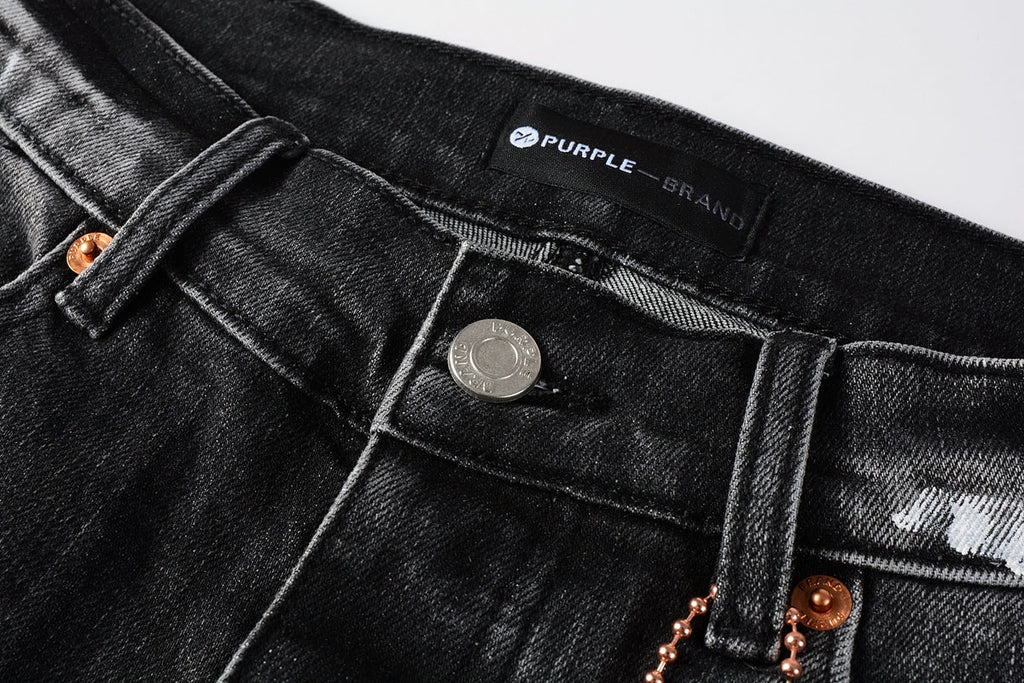PURPLE  Men Streetwear Skinny Jeans Dark Gray Wash with Distressed Rips and Multi-Color Paint Splatter 9018