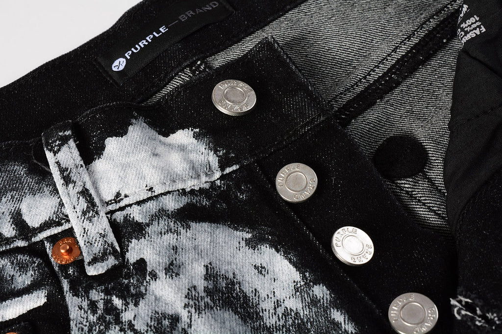 PURPLE  Men Streetwear Skinny Jeans Black and White Graffiti Wash with Multi - Color Paint Accents 9020