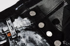 PURPLE  Men Streetwear Skinny Jeans Black and White Graffiti Wash with Multi - Color Paint Accents 9020