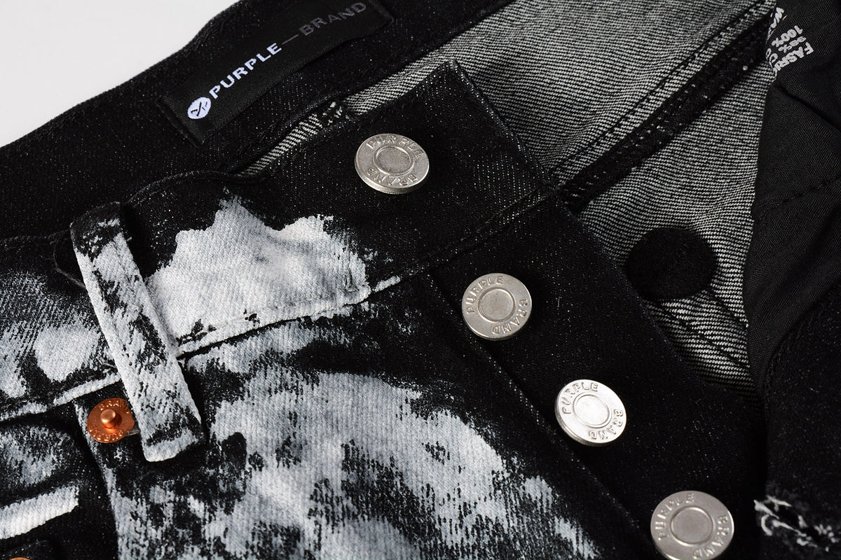 PURPLE  Men Streetwear Skinny Jeans Black and White Graffiti Wash with Multi - Color Paint Accents 9020