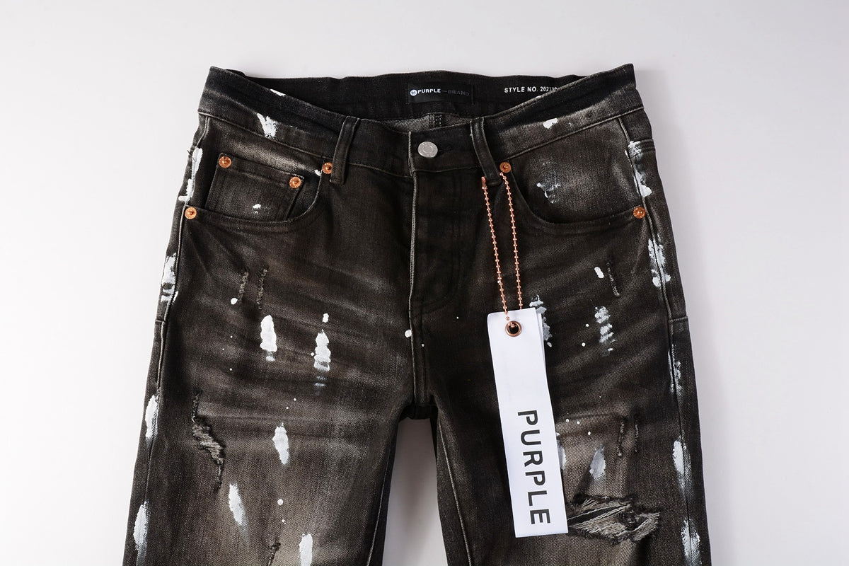 PURPLE  Men Streetwear Skinny Jeans Dark Gray Wash with White Paint Splatter and Distressed Rips 9030