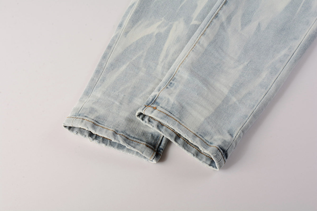 PURPLE   Men Streetwear Skinny Jeans Light Blue Wash with White Brushstroke Texture 7017