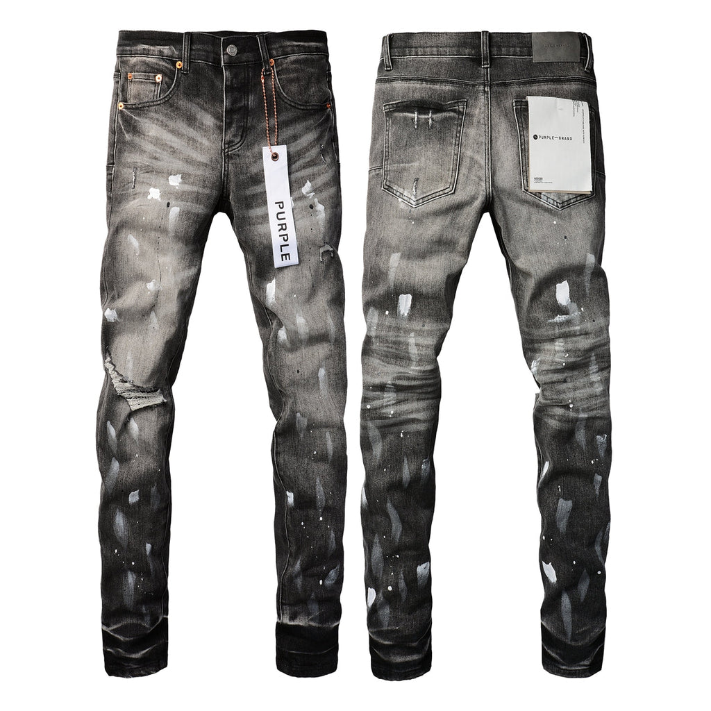 PURPLE  Men Streetwear Skinny Jeans Dark Gray Wash with White Paint Splatter and Distressed Rips 9032