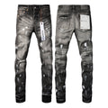 PURPLE  Men Streetwear Skinny Jeans Dark Gray Wash with White Paint Splatter and Distressed Rips 9032
