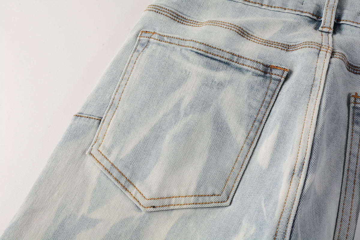 PURPLE   Men Streetwear Skinny Jeans Light Blue Wash with White Brushstroke Texture 7017