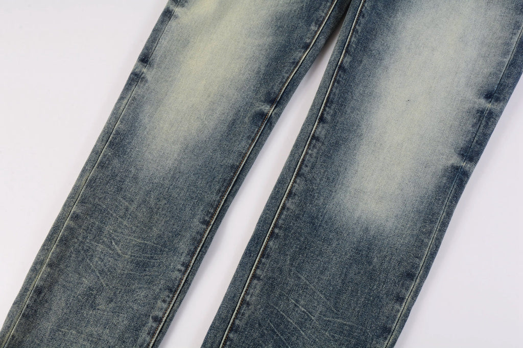 PURPLE  Men Streetwear Skinny Jeans Light Blue Wash with Faded Gradient Distress 9042