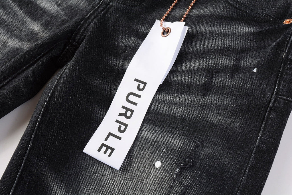 PURPLE   Men Streetwear Skinny Jeans Black - Gray Fade Wash with White Paint Specks 9027