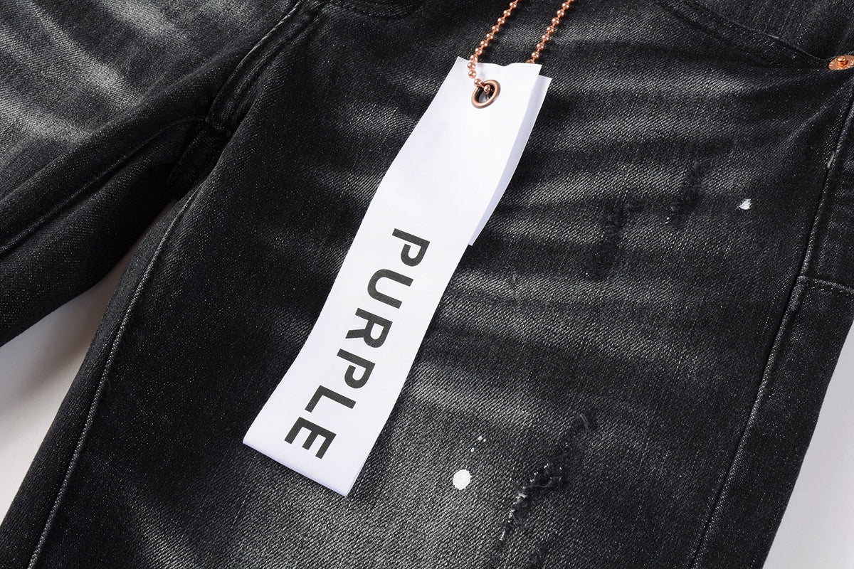 PURPLE   Men Streetwear Skinny Jeans Black - Gray Fade Wash with White Paint Specks 9027