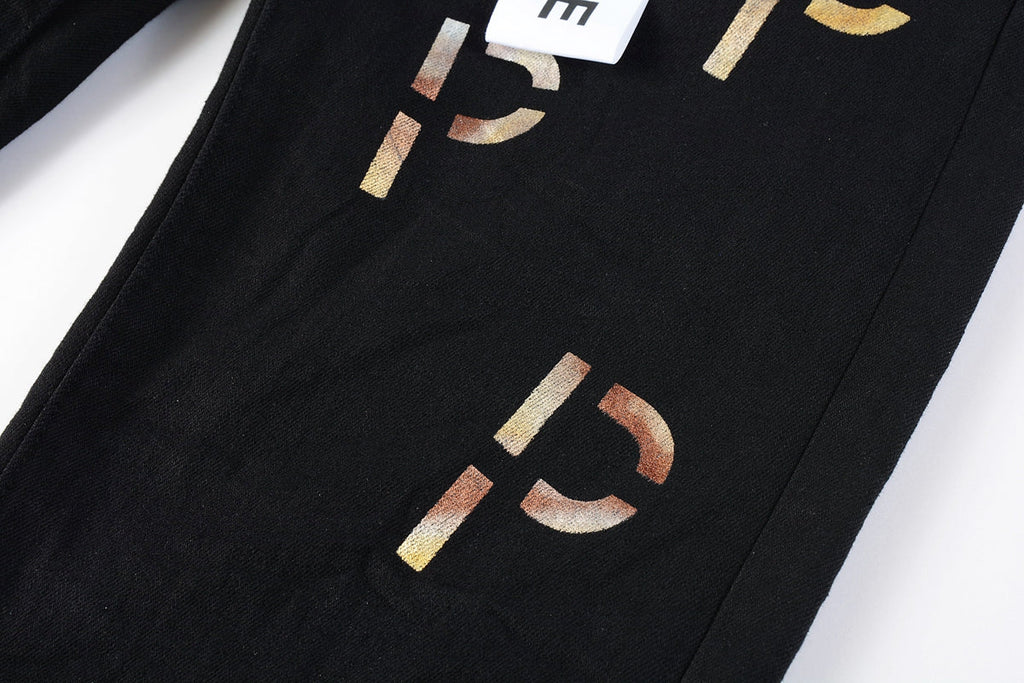 PURPLE  Men Streetwear Skinny Jeans Black Wash with All-Over Metallic Gold "P" Print 9008
