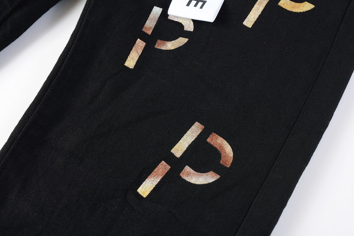 PURPLE  Men Streetwear Skinny Jeans Black Wash with All-Over Metallic Gold "P" Print 9008